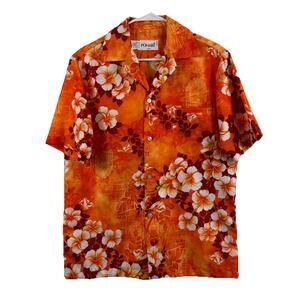 Vintage Pomare Hawaii Aloha Shirt Medium 60s/70s USA Orange Tropical Floral